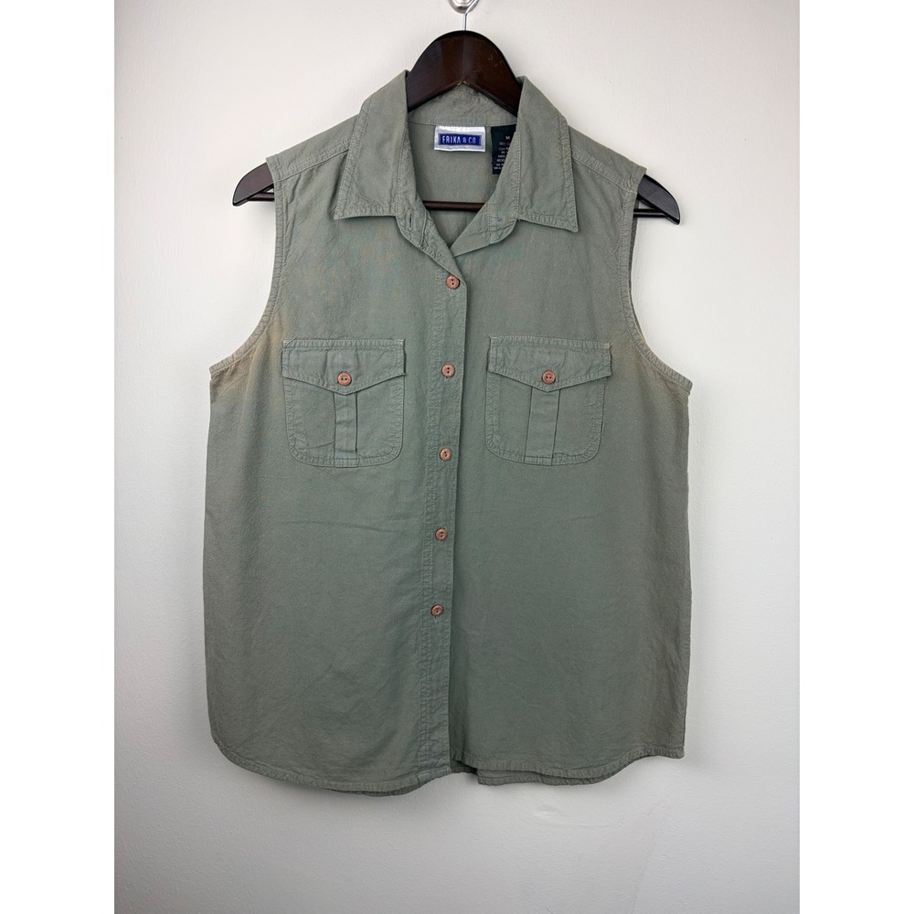 Erika Co‎ Sleeveless Shirt Medium Sage Green Utility Safari Cotton Button Up 90s